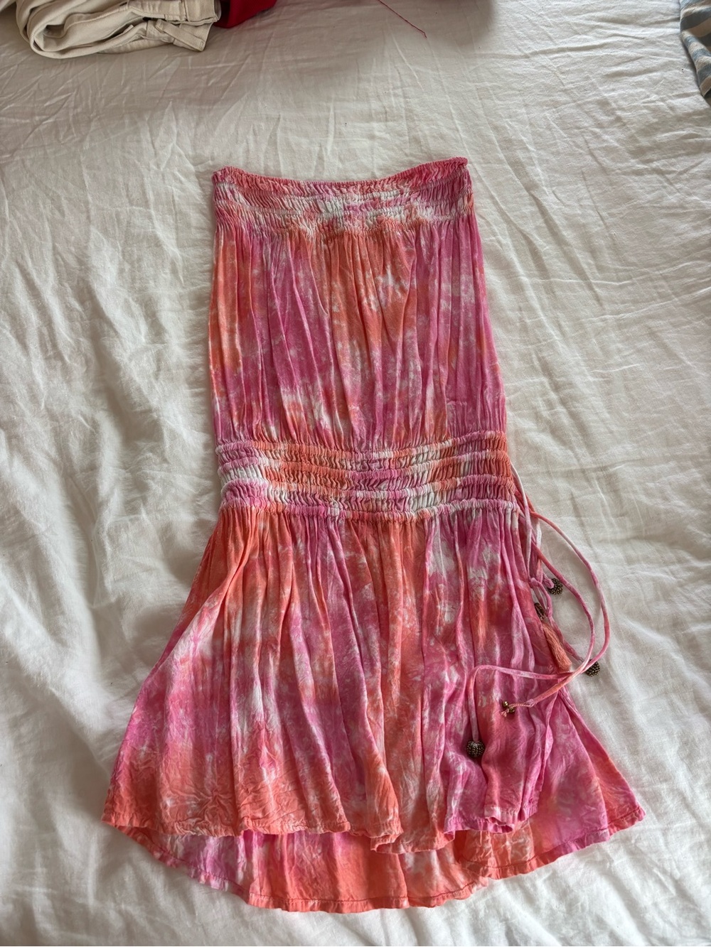 Tie-Dye Pink and Coral Strapless Smocked Dress